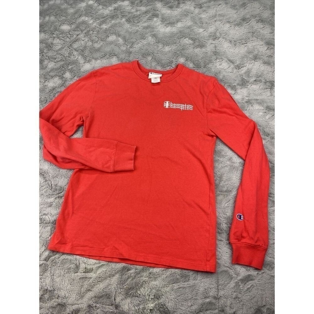 Champion Womens Long Sleeve T Shirt Red Crew Neck Graphic Logo Small